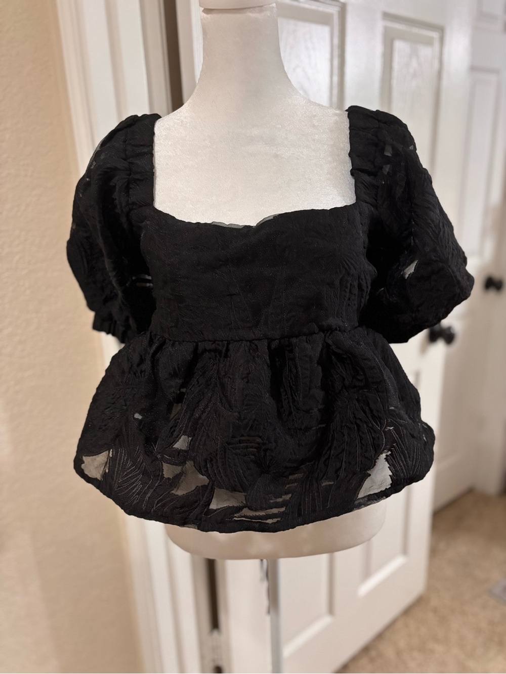 Topshop Black Puff Sleeve Square-Neck Peplum Blouse